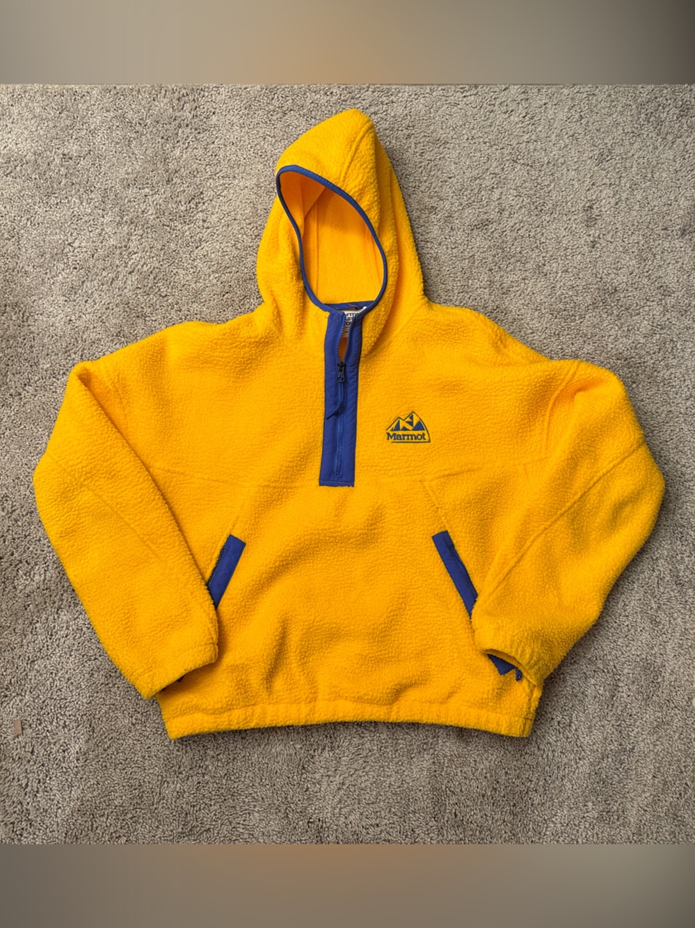 Marmot Yellow Fleece Hoodie with Blue Trim